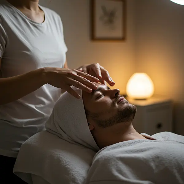 head_massage リラックスした男性に施されるヘッドマッサージの施術風景