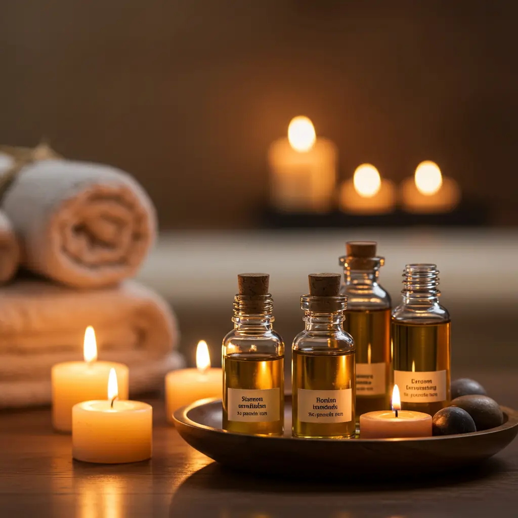 SweetRoom hot gel a group of bottles of oil on a plate with candles