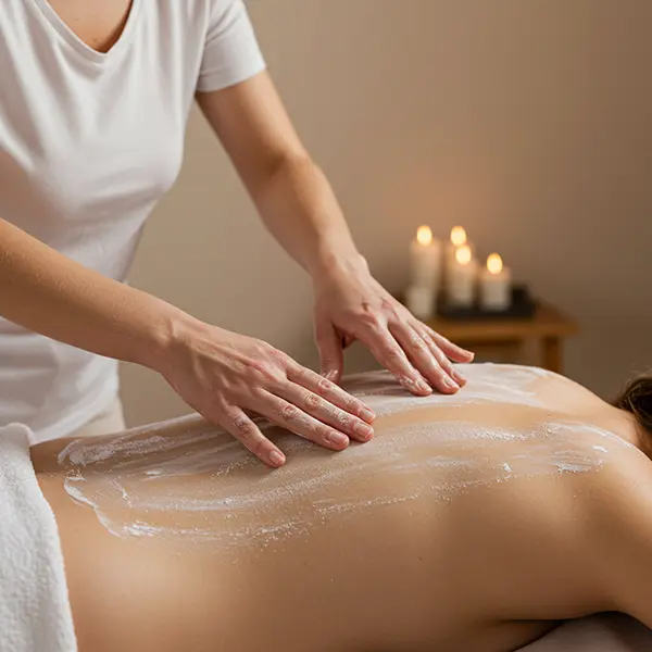 powder_massage 背中にパウダーを塗りながら丁寧にマッサージを行うセラピストの手元